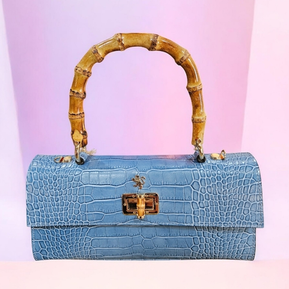 NWT Pratesi Firenze Castalia Denim Blue Croc Embossed Bamboo Handle Chain Bag